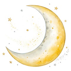 Vibrant watercolor illustration of a crescent moon surrounded by twinkling stars and glowing particles