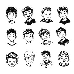 Cute kids faces set, cartoon children, emotional baby expressions, black white characters