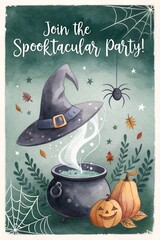 Spooktacular party invitation featuring a witch's hat, cauldron, pumpkin, and spider in a charming autumn setting