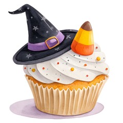 Delightful Halloween cupcake with tiny witch hat and candy corn topping for festive celebrations