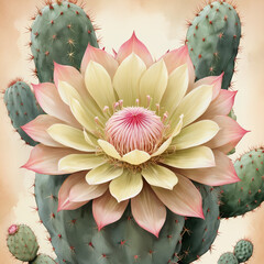 Ai generate A vintage style card illustration featuring a beautifully detailed cactus flower in full bloom, with delicate petals rendered in soft gradients of pink, yellow, and cream
