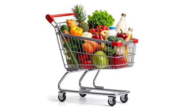 Grocery shopping cart full of fresh produce and dairy products - Powered by Adobe