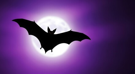 Fototapeta premium Silhouette of Bat Flying in Night Sky with Full Moon and Purple Clouds