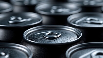 Close-up of aluminum cans, warehouse setting, background blurred.  Possible use advertising