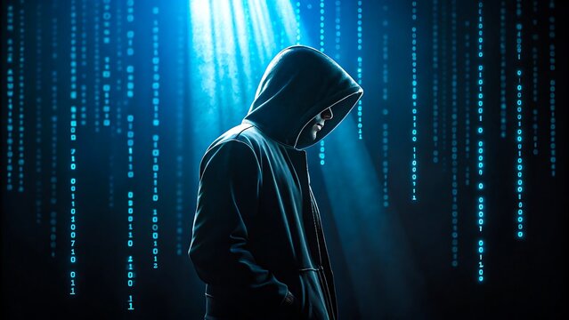 Anonymous hacker in hoodie standing under digital code rain with blue dramatic lighting
