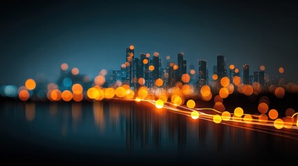 City lights blur at night, reflected on water