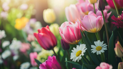 Fototapeta premium Campo florido com tulipas e margaridas sob luz suave