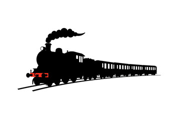 A silhouette of a steam train with passenger cars and smoke against a white background