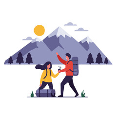Hiking Couple with Backpacks in Mountains, Sunny Day, Adventure Travel Illustration