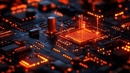 Fototapeta premium Glowing Orange Circuit Board Close-up