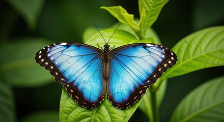 Vibrant blue morpho butterfly perched on lush green leaves