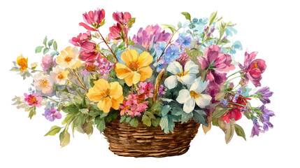 Watercolor of Colorful Spring Flower Bouquet in Wicker Basket on Transparent Background