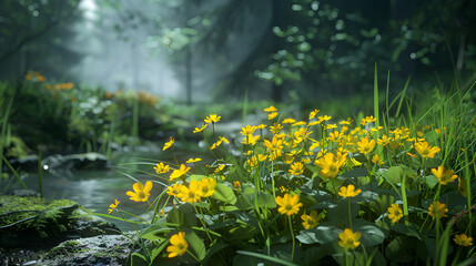 A serene forest stream with vibrant yellow flowers in the foreground and lush green foliage around it