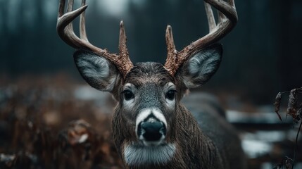 Obraz premium Close-up of a deer with large antlers in a misty forest