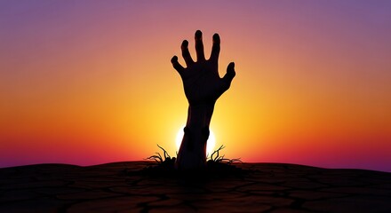 Fototapeta premium Silhouetted Hand Reaching Out From Cracked Ground at Sunset with Vibrant Sky