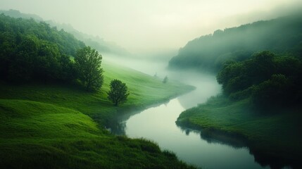 Fototapeta premium Misty river valley, verdant hills