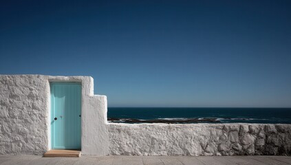 A white stone wall with an open light blue door on the left side of it, overlooking the sea and clear sky. The background is clear and simple, with a minimalist layout that.