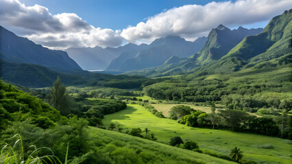 Lush green valley with dramatic mountains under a cloudy sky in a tropical paradise