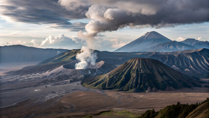 Majestic mount bromo volcano erupting with smoke billowing into the dramatic cloudy sky at sunrise