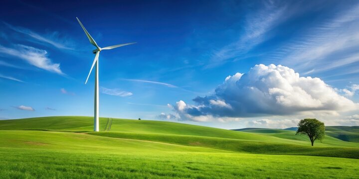 A wind turbine standing alone on a rolling green hill under clear blue sky with few white clouds
