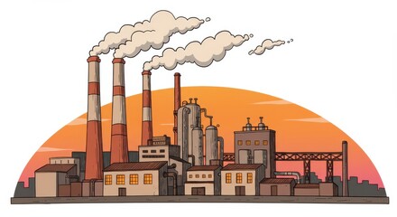 Obraz premium Industrial Sunset Landscape - A cartoon illustration of a factory at sunset, with smoke billowing from its chimneys. The scene is peaceful yet industrial