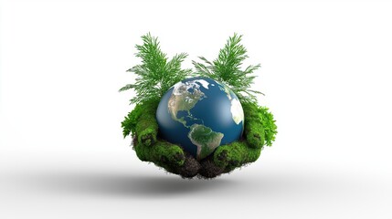 Realistic 3D rendering of hands holding a small Earth surrounded by lush green plants, symbolizing environmental care and sustainability on a white background.