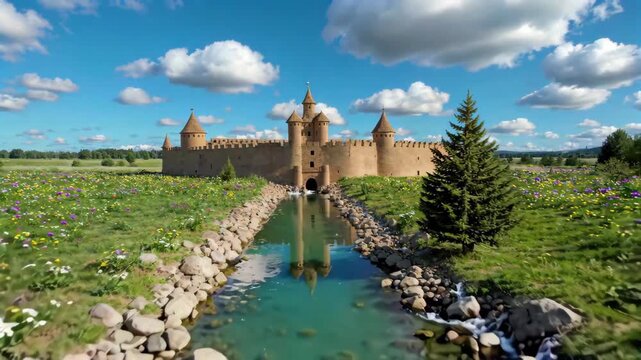 there is a castle with a moat in the middle of a field