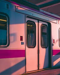 The train doors at twilight: A passenger train stands at the station. The doors on a passenger train. bathed in a warm and atmospheric light. a blend of cool blues and warm pinks.