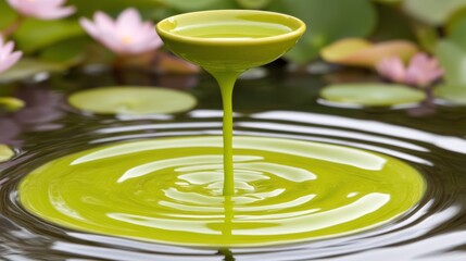Green Liquid Pouring into Water with Lily Pads and Flowers