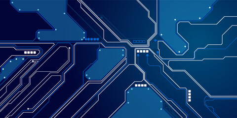 Thin circuit trace lines in blue on a dark technology background. Abstract digital tech bg. Electronics and computer technology concept. Chip and circuit board. Vector illustration. Chip connectors.