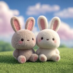 Obraz premium Cute and Fluffy Cartoon Rabbits Sitting on Green Grass Field