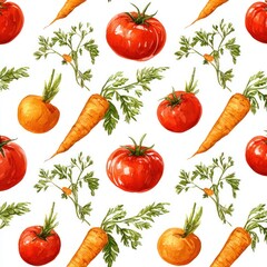 Watercolor illustration of fresh, ripe tomatoes, carrots and greens