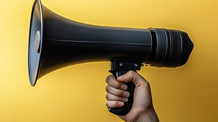 Hand Holding Black Megaphone on Yellow Background