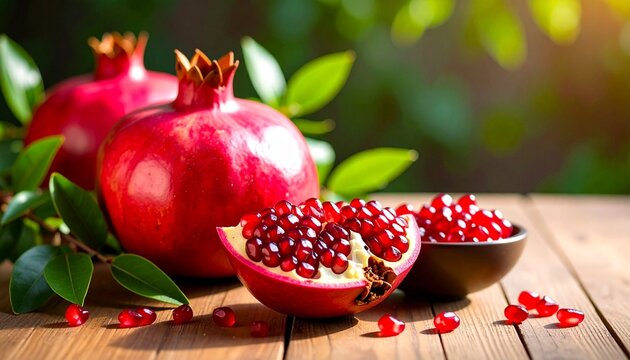 Ripe Red Fresh Pomegranate with Seeds on Wooden Table surface, surrounded by greenery.