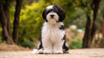 Fototapeta premium A Tibetan terrier sitting peacefully with soft fur, exuding calmness and natural beauty.