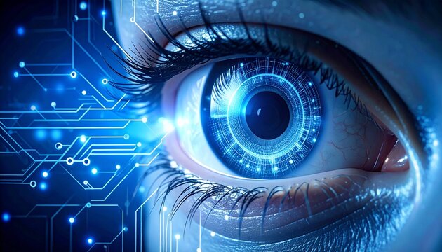 Close Up of a Human eye enhanced with digital circuitry Eye Scan with Neural Network and Circuit Board.