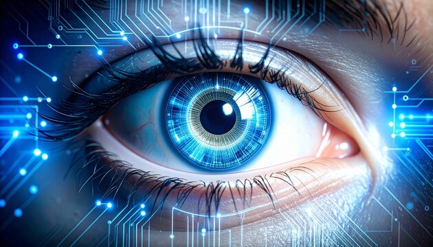 Close Up of a Human eye enhanced with digital circuitry Eye Scan with Neural Network and Circuit Board.