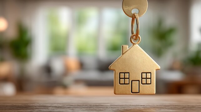Golden house key with keyring in front of a blurred modern interior.