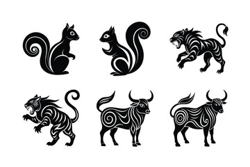 Obraz premium Vector bundle of tribal animals with bold stylization Silhouette Vector illustration