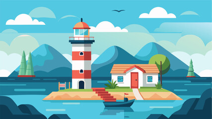 The charming lighthouse at the entrance of this seaside marina adds a touch of nautical charm to the already picturesque landscape.