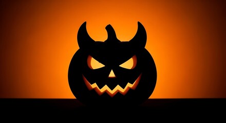 Fototapeta premium Spooky Jack O Lantern Pumpkin with Menacing Face Backlit Halloween Decoration