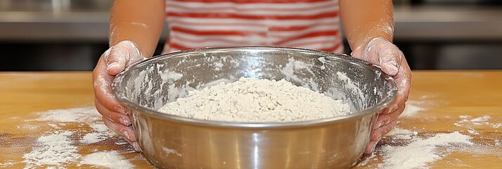Hands holding mixing bowl of dough on a wooden surface