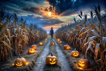 Spooky halloween pumpkins line a path through a cornfield at sunset