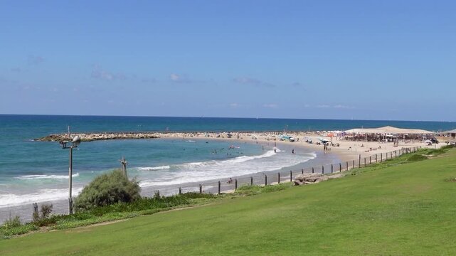 Israel Tel Aviv- Yafo and Andromeda Rock View on Mediterranean Sea and famous Beach
