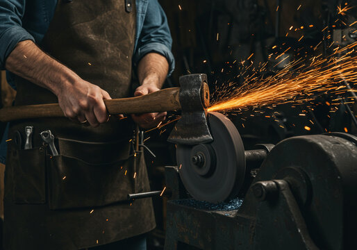 Sharpening an axe on a grinding wheel with sparks flying in a workshop setting close up