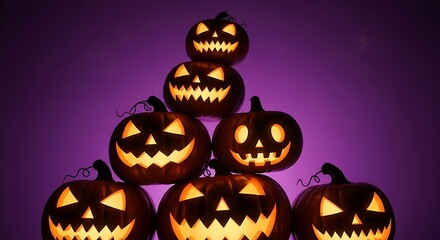 Stacked Halloween Jack O Lantern Pumpkins with Carved Faces in Dark Purple Background