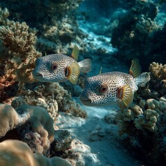 Colorful Puffer Fish Swimming Among Vibrant Coral Reef Below Water