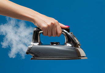 A hand holding a steaming iron against a blue background in a studio setting close up