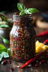 Homemade Chili Oil with Basil in Glass Jar