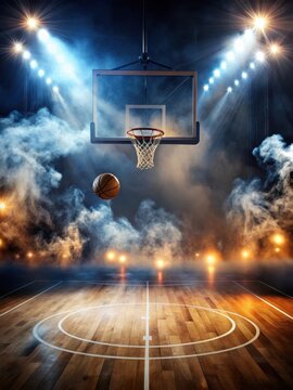 Brightly lit basketball court with dramatic smoke effects